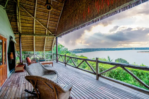 Mweya Safari Lodge deluxe tent balcony with a lake view